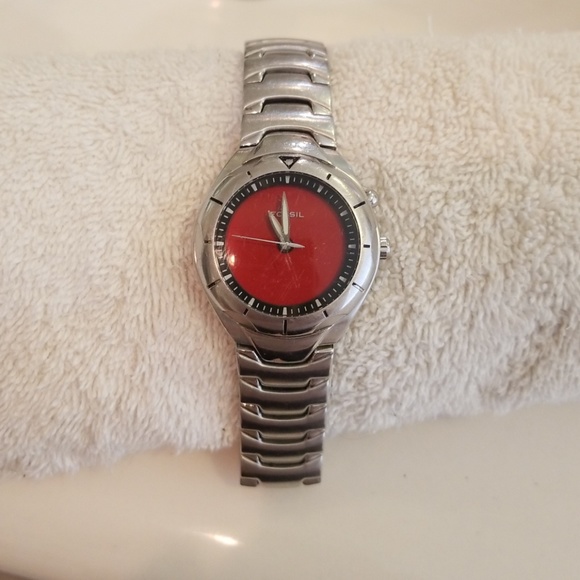 Fossil Watch Stainless Steel Red Face 